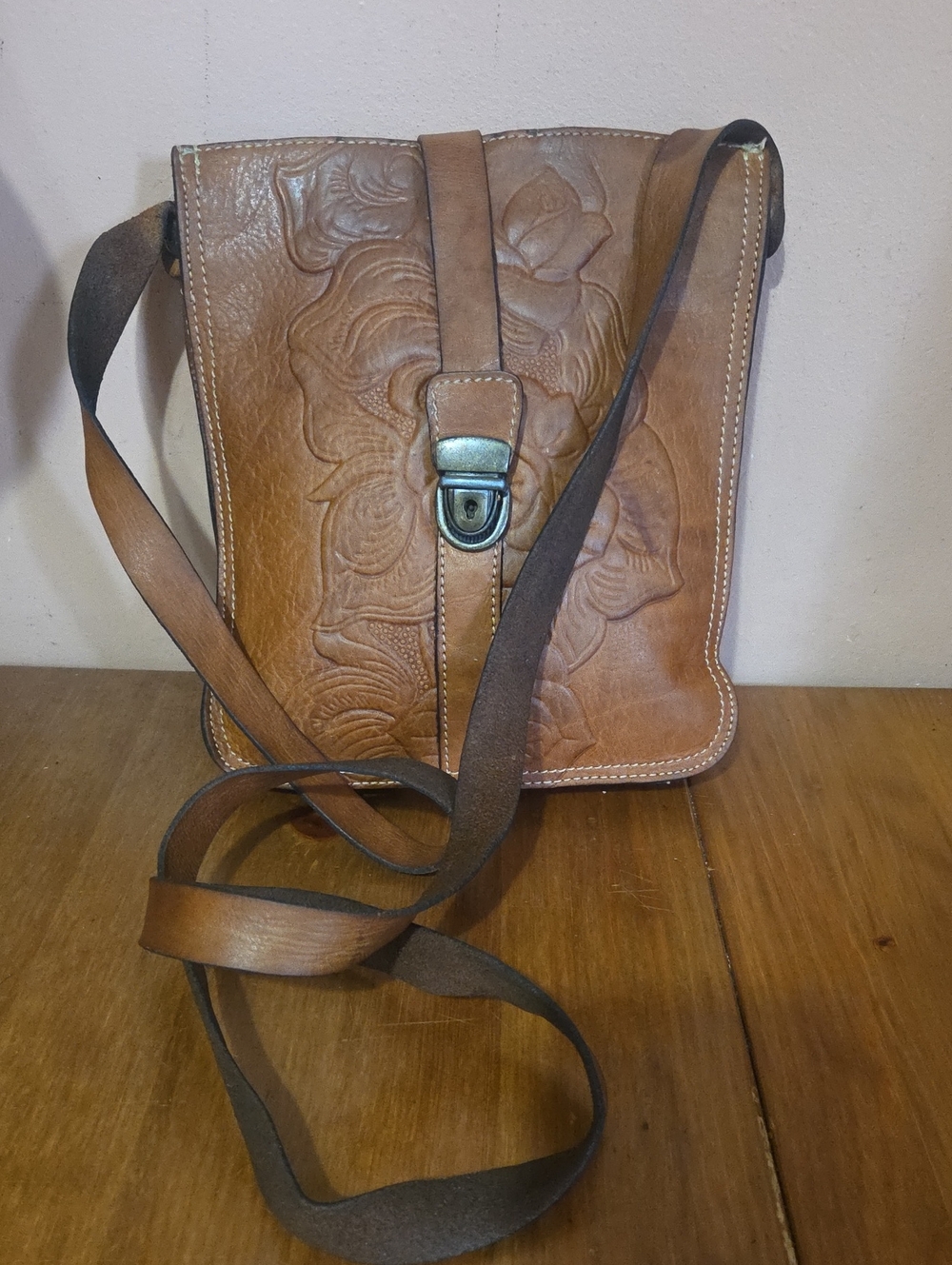 Genuine Leather Patricia Nash Tooled Crossbody Bag Tan Medium Size